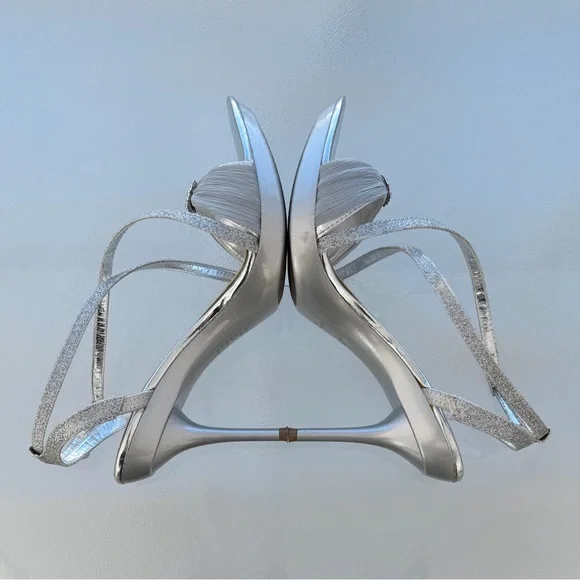 Bakers Skye Silver Glitter Rhinestone Bling Strappy Stiletto High Heel Shoes 10M - Picture 3 of 9